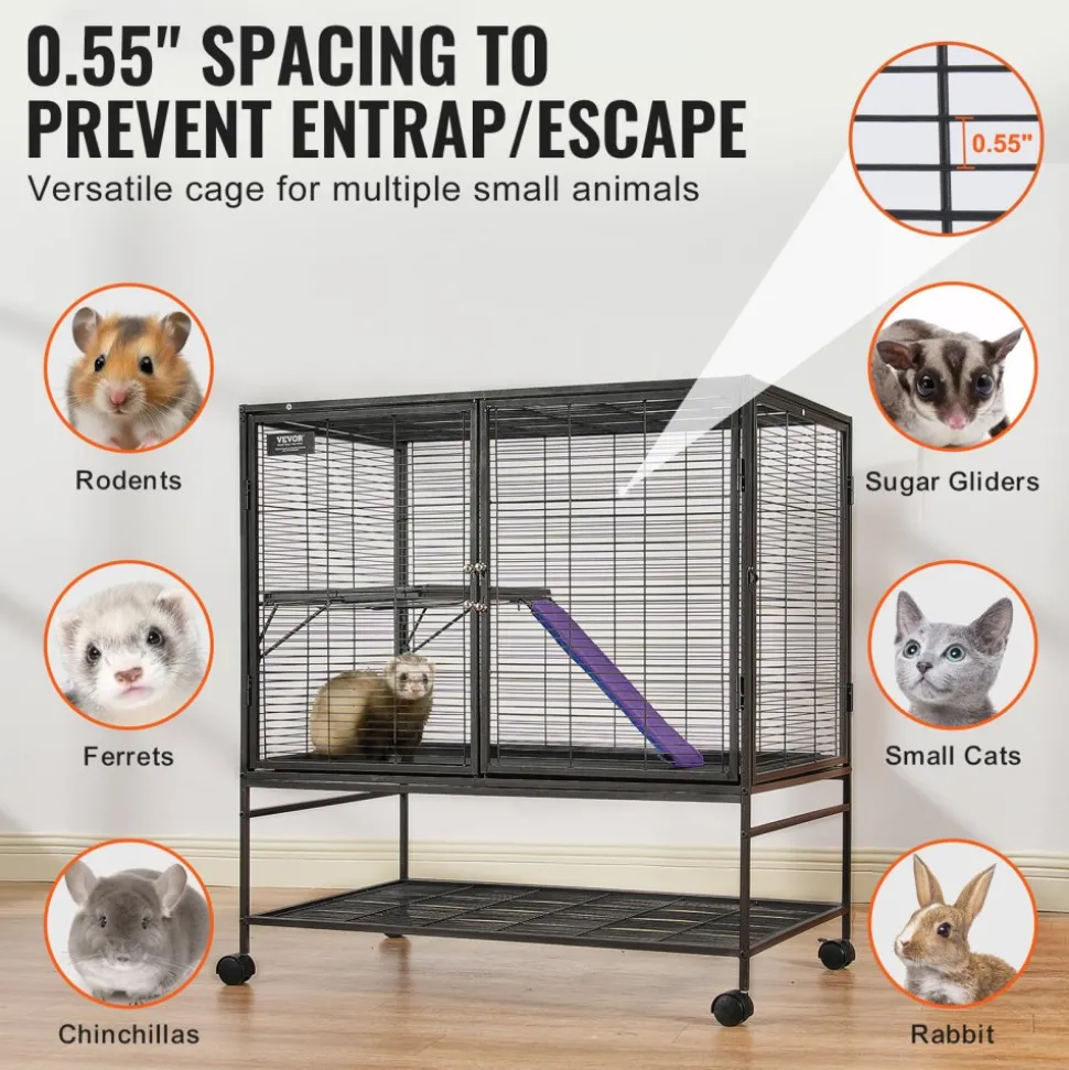VEVOR 39" Rolling Metal Ferret Cage, Large 2-Tier Cage, Small Animal Cage with Ramps & Tray, Easy to Set up for Pet Rats, Hamster, Guinea Pig, Chinchilla, Squirrel, Hedgehogs, Bunny
