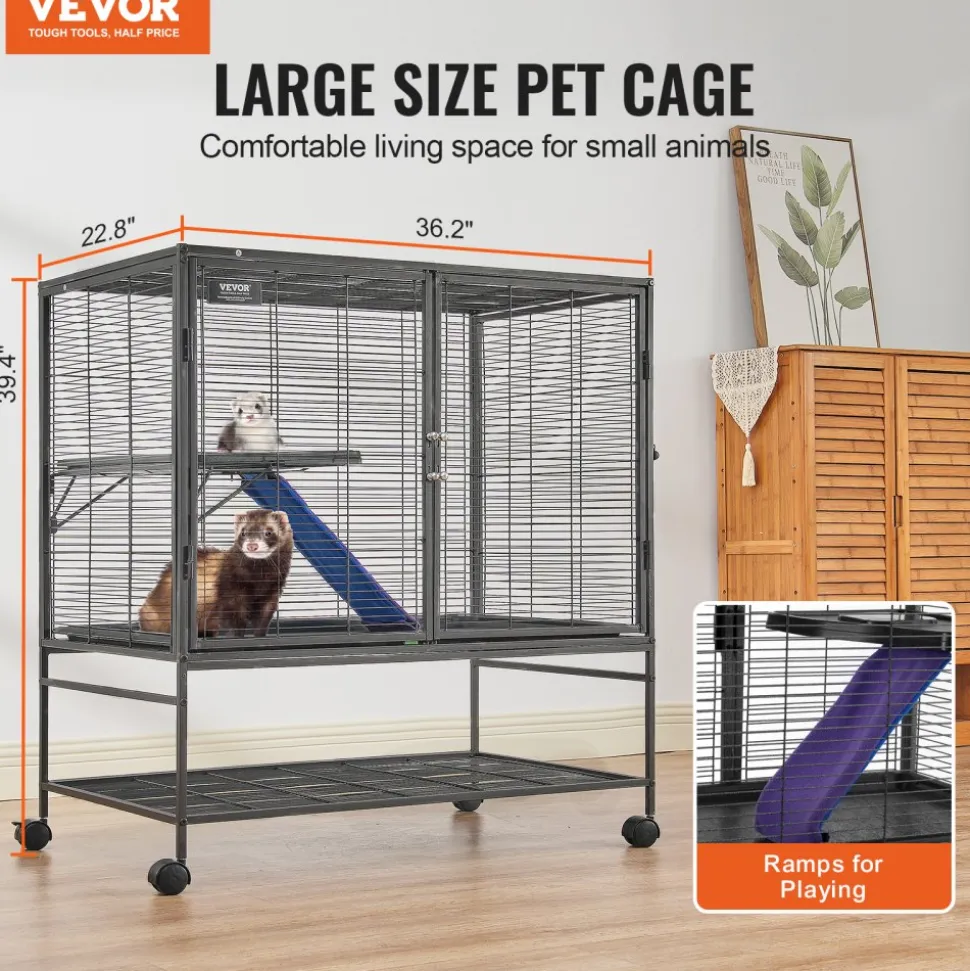 VEVOR 39" Rolling Metal Ferret Cage, Large 2-Tier Cage, Small Animal Cage with Ramps & Tray, Easy to Set up for Pet Rats, Hamster, Guinea Pig, Chinchilla, Squirrel, Hedgehogs, Bunny