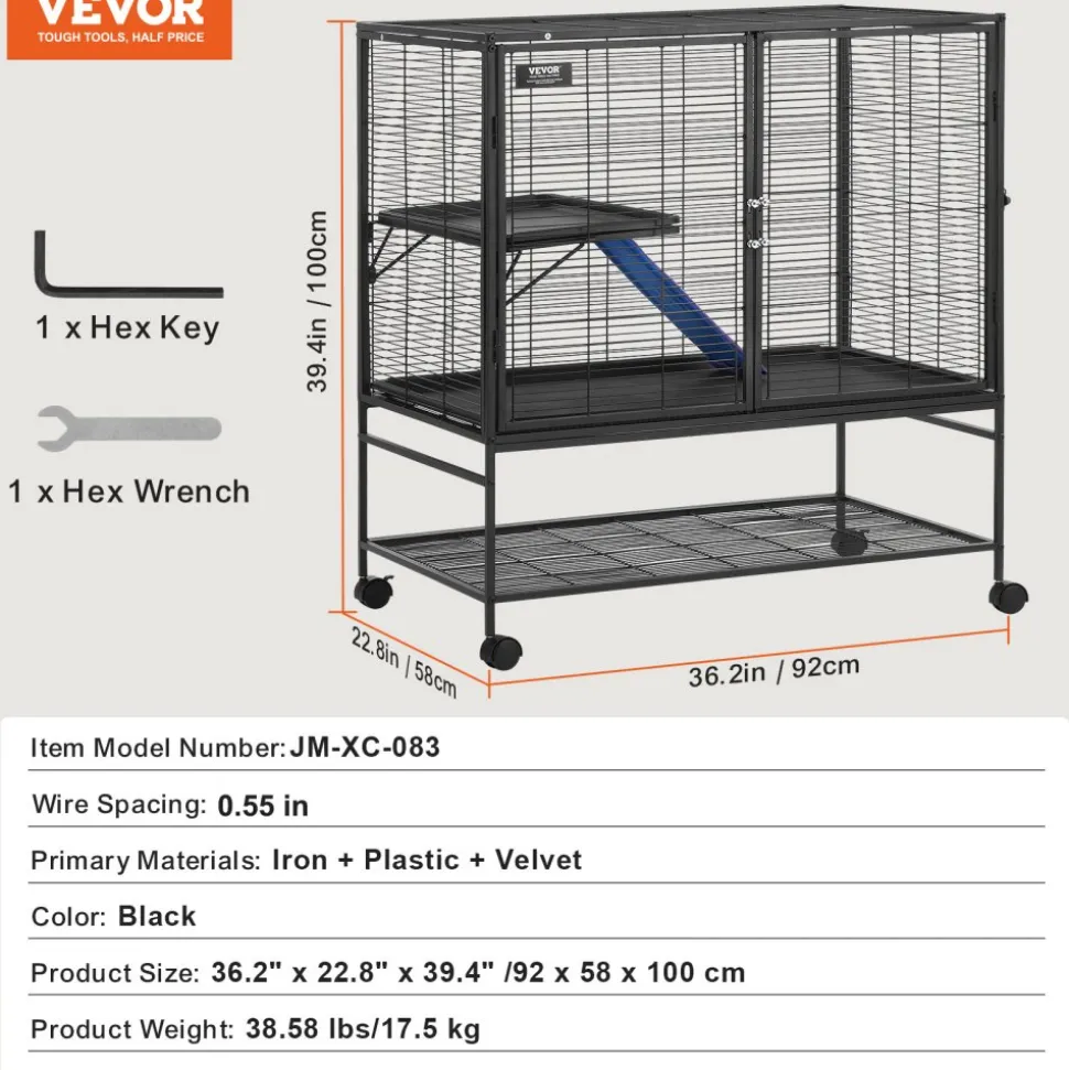 VEVOR 39" Rolling Metal Ferret Cage, Large 2-Tier Cage, Small Animal Cage with Ramps & Tray, Easy to Set up for Pet Rats, Hamster, Guinea Pig, Chinchilla, Squirrel, Hedgehogs, Bunny