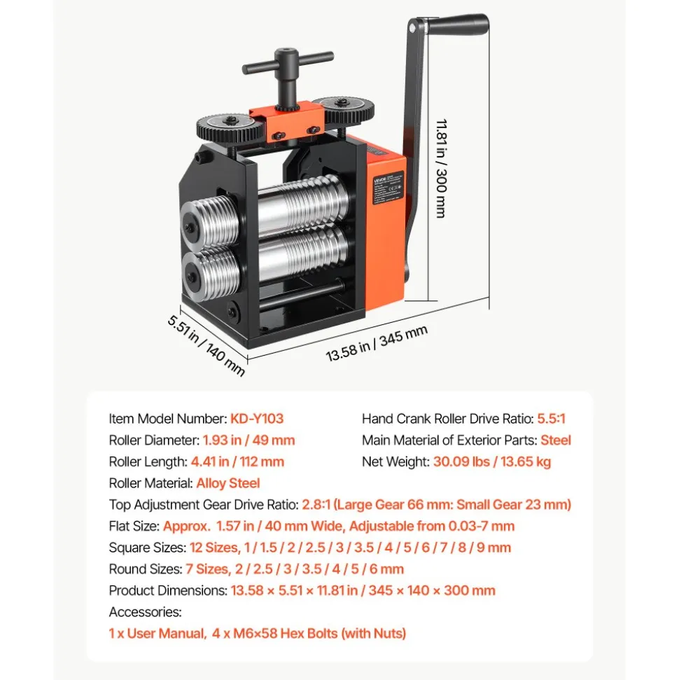 VEVOR Rolling Mill 3-in-1 Round Flat Square Pressing Roller Mill Machine, Manual Jewelry DIY Tool, 0.03-7 mm Adjustable Thickness, Stable & Even Rolling, for Ductile Metals, Gold, Silver, Copper