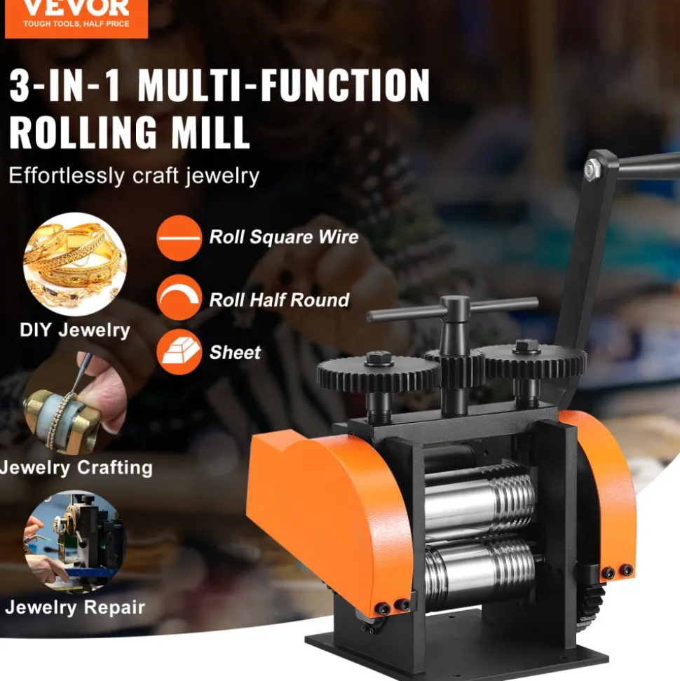 VEVOR Rolling Mill, 1.77"/45 mm Jewelry Rolling Mill Machine, 1: 2.4 Gear Ratio, 3-in-1 Multi-function Rolling Mill, 0-6 mm Press Thickness for Metal Jewelry Making Sheet Square Wire Semicircle