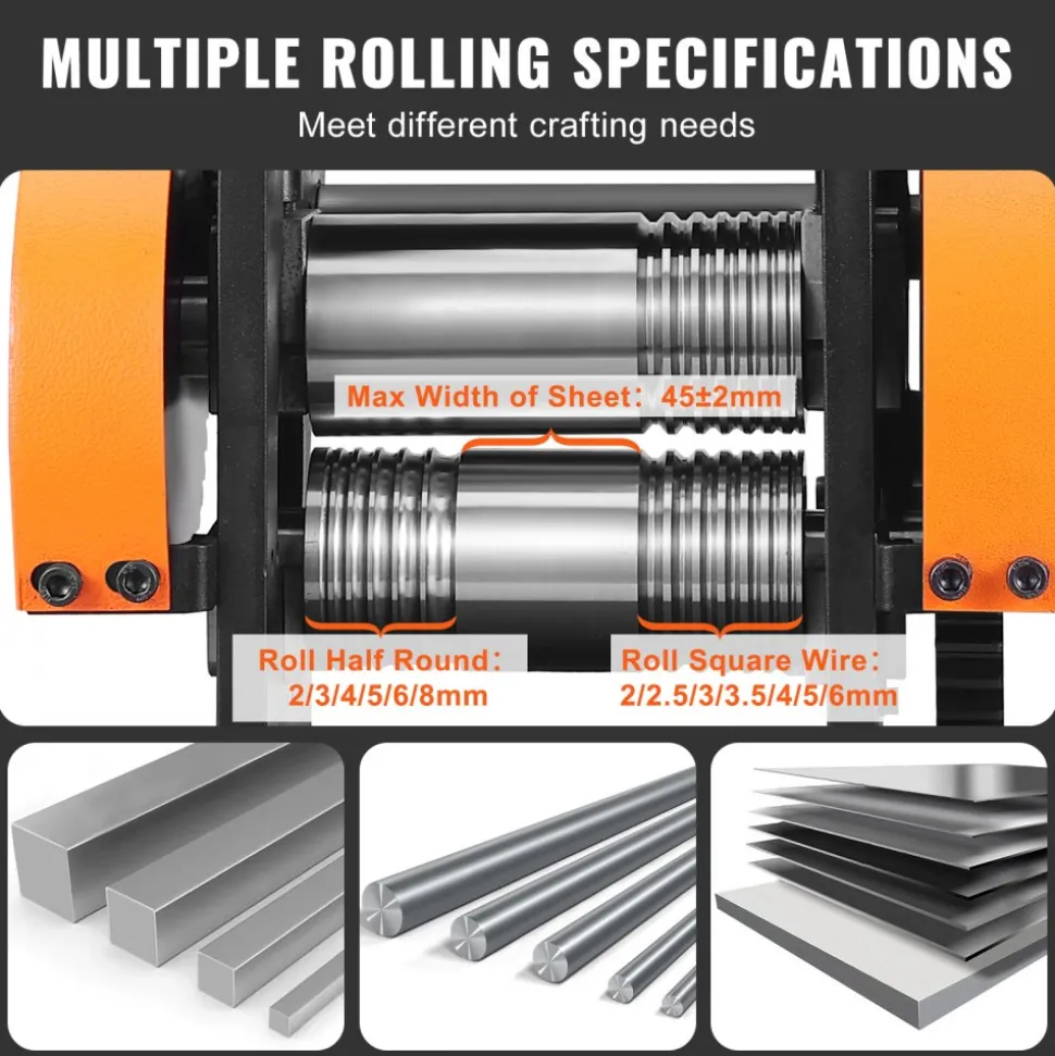 VEVOR Rolling Mill, 1.77"/45 mm Jewelry Rolling Mill Machine, 1: 2.4 Gear Ratio, 3-in-1 Multi-function Rolling Mill, 0-6 mm Press Thickness for Metal Jewelry Making Sheet Square Wire Semicircle
