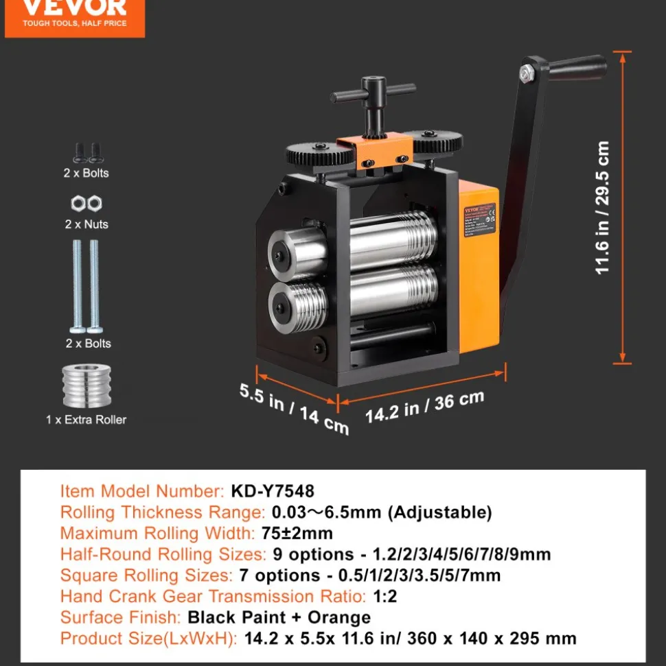 VEVOR Rolling Mill, 2.95"/75 mm Jewelry Rolling Mill Machine, 1: 2 Gear Ratio, 3-in-1 Multi-function Rolling Mill, 0.03-6.5mm Press Thickness for Metal Jewelry Making Sheet Square Wire Semicircle