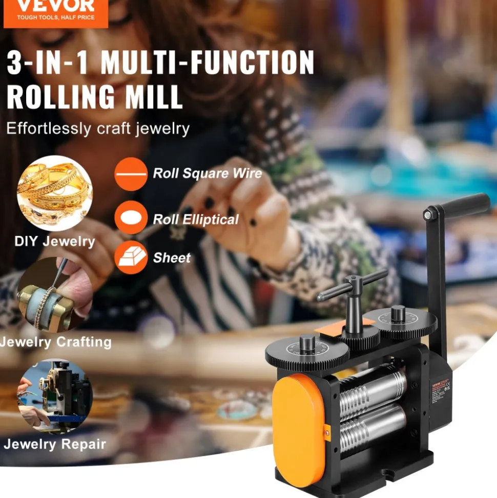 VEVOR Rolling Mill, 2.24"/57 mm Jewelry Rolling Mill Machine, 1: 2 Gear Ratio, 3-in-1 Multi-function Rolling Mill, 0-5.5 mm Press Thickness for Metal Jewelry Making Sheet Square Wire Elliptical