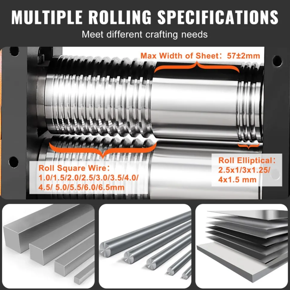 VEVOR Rolling Mill, 2.24"/57 mm Jewelry Rolling Mill Machine, 1: 2 Gear Ratio, 3-in-1 Multi-function Rolling Mill, 0-5.5 mm Press Thickness for Metal Jewelry Making Sheet Square Wire Elliptical