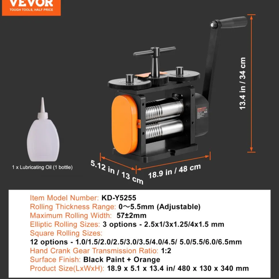 VEVOR Rolling Mill, 2.24"/57 mm Jewelry Rolling Mill Machine, 1: 2 Gear Ratio, 3-in-1 Multi-function Rolling Mill, 0-5.5 mm Press Thickness for Metal Jewelry Making Sheet Square Wire Elliptical