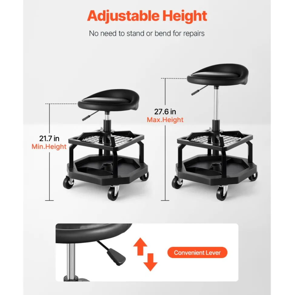 VEVOR Rolling Shop Stool, Pneumatic Garage Seat/Work Stool with 300 lbs Capacity, Adjustable Height Roller Creeper Seat, 360° Swivel Padded Workshop Stool with Casters, for Garage, Shop & Auto Repair