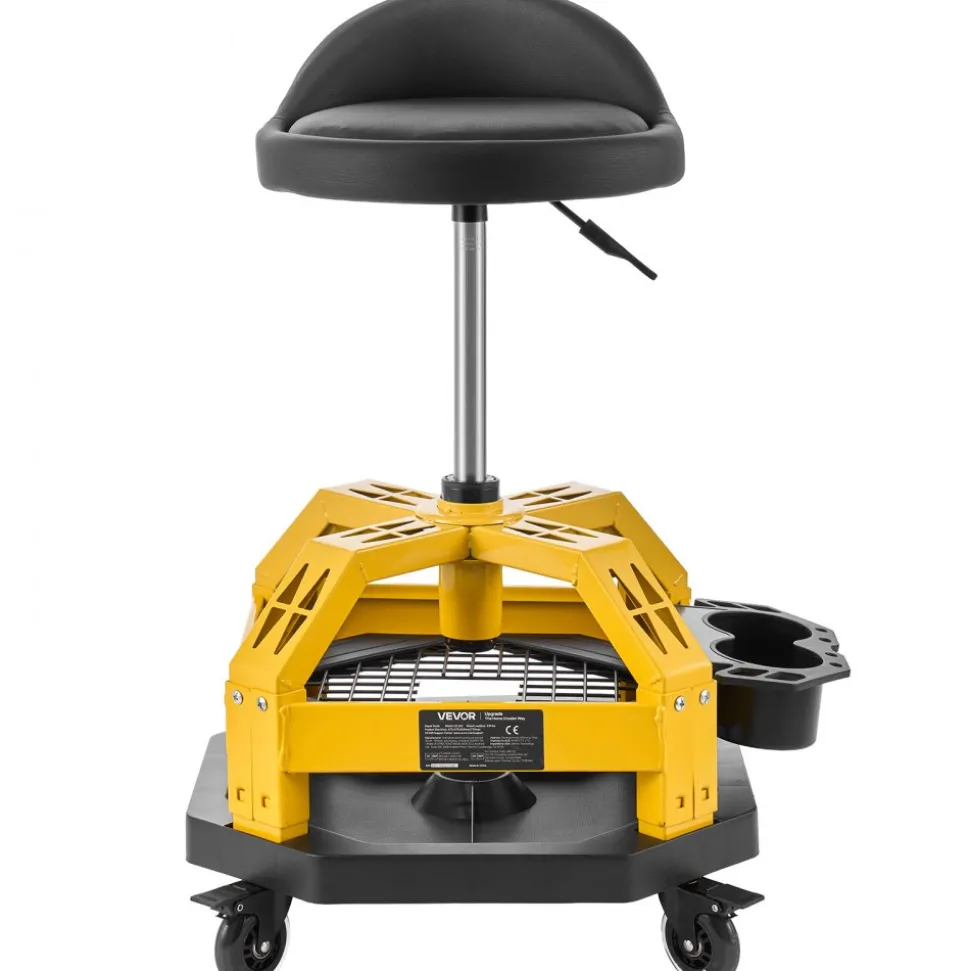 VEVOR Rolling Shop Stool with Wheels, 19.7"-25.6" Adjustable Height, 360° Swivel, 330 lbs Capacity, Garage Work Mechanic Stool with Backrest, Tool Tray Storage, Padded Seat Shop Chair, Black/Yellow