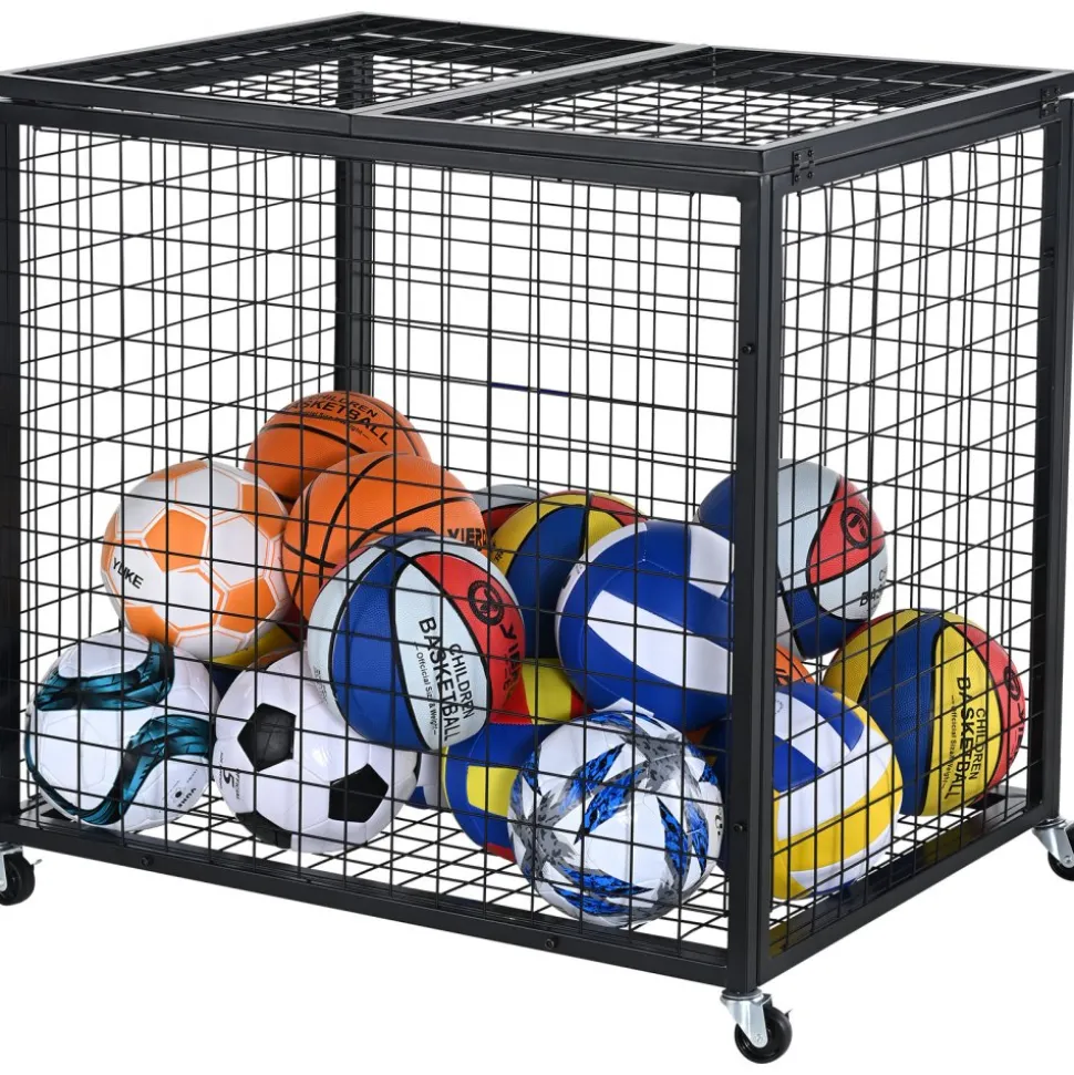 VEVOR Rolling Sports Ball Storage Cart, Basketball Cage with Double Lids, Sport Equipment Holder Organizer for Indoor Outdoor, Steel Storage Rack for Garages, Playgroup, Gym and Schools