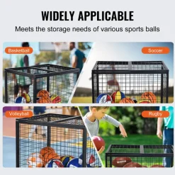 VEVOR Rolling Sports Ball Storage Cart, Basketball Cage with Double Lids, Sport Equipment Holder Organizer for Indoor Outdoor, Steel Storage Rack for Garages, Playgroup, Gym and Schools