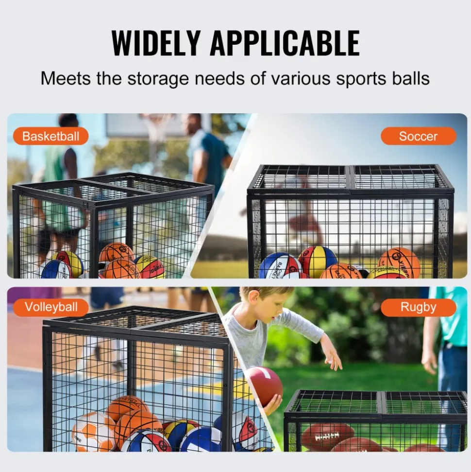VEVOR Rolling Sports Ball Storage Cart, Basketball Cage with Double Lids, Sport Equipment Holder Organizer for Indoor Outdoor, Steel Storage Rack for Garages, Playgroup, Gym and Schools
