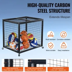 VEVOR Rolling Sports Ball Storage Cart, Basketball Cage with Double Lids, Sport Equipment Holder Organizer for Indoor Outdoor, Steel Storage Rack for Garages, Playgroup, Gym and Schools