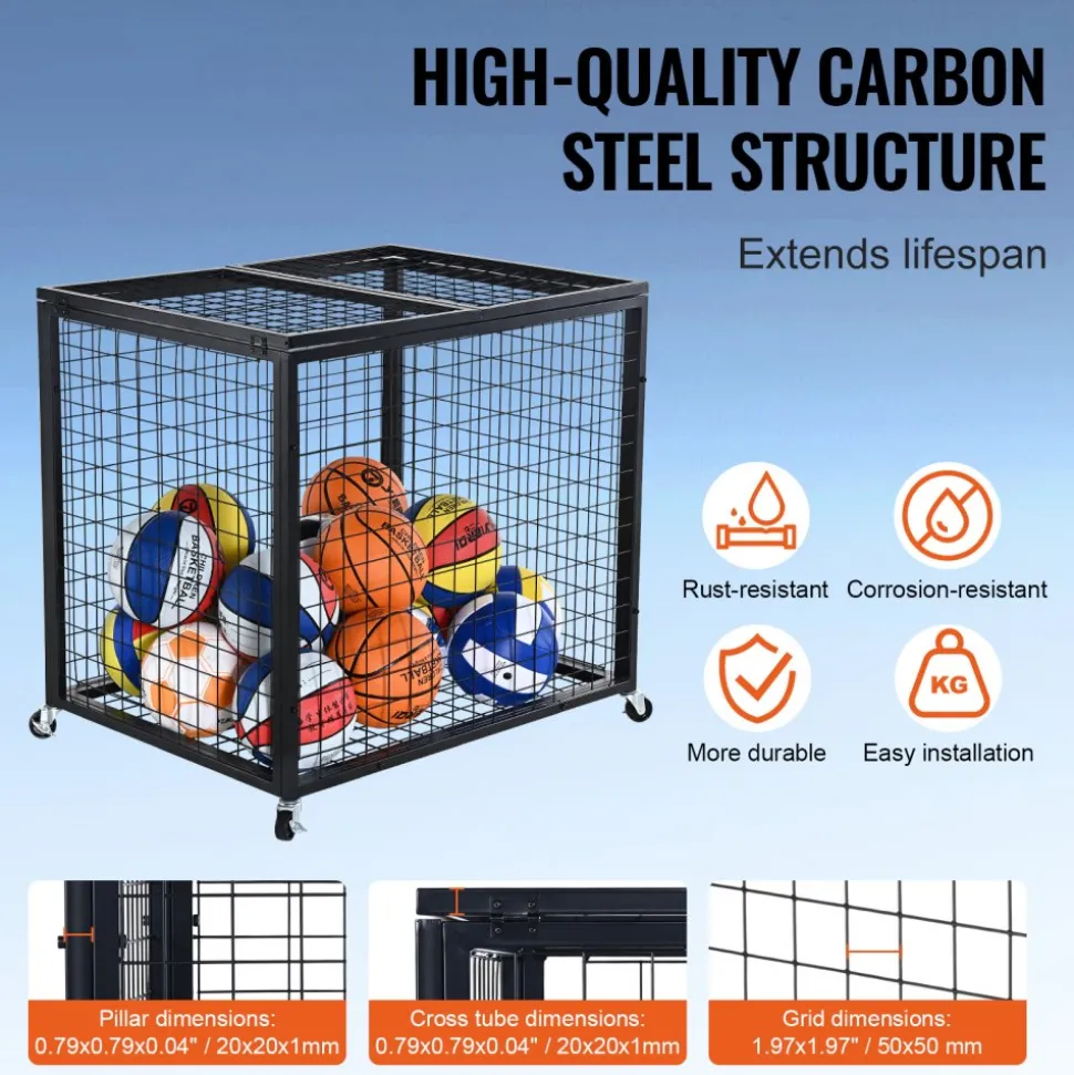 VEVOR Rolling Sports Ball Storage Cart, Basketball Cage with Double Lids, Sport Equipment Holder Organizer for Indoor Outdoor, Steel Storage Rack for Garages, Playgroup, Gym and Schools