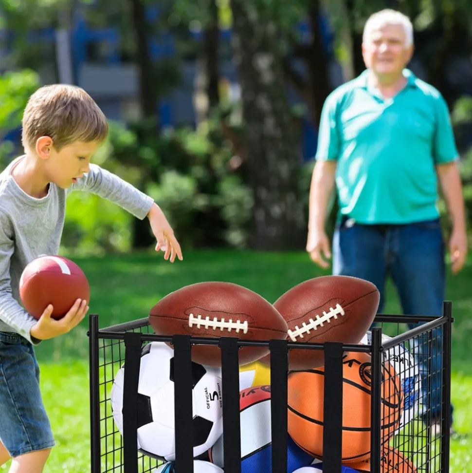 VEVOR Rolling Sports Ball Storage Cart, Lockable Basketball Cage with Elastic Straps, Sport Equipment Holder Organizer for Indoor Outdoor, Steel Storage Rack for Garages, Playgroup, Gym and Schools