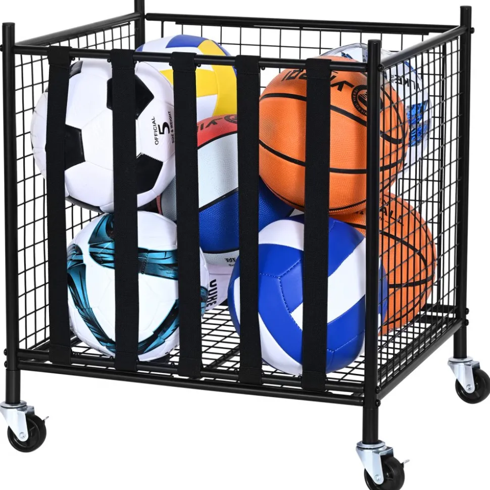 VEVOR Rolling Sports Ball Storage Cart, Lockable Basketball Cage with Elastic Straps, Sport Equipment Holder Organizer for Indoor Outdoor, Steel Storage Rack for Garages, Playgroup, Gym and Schools