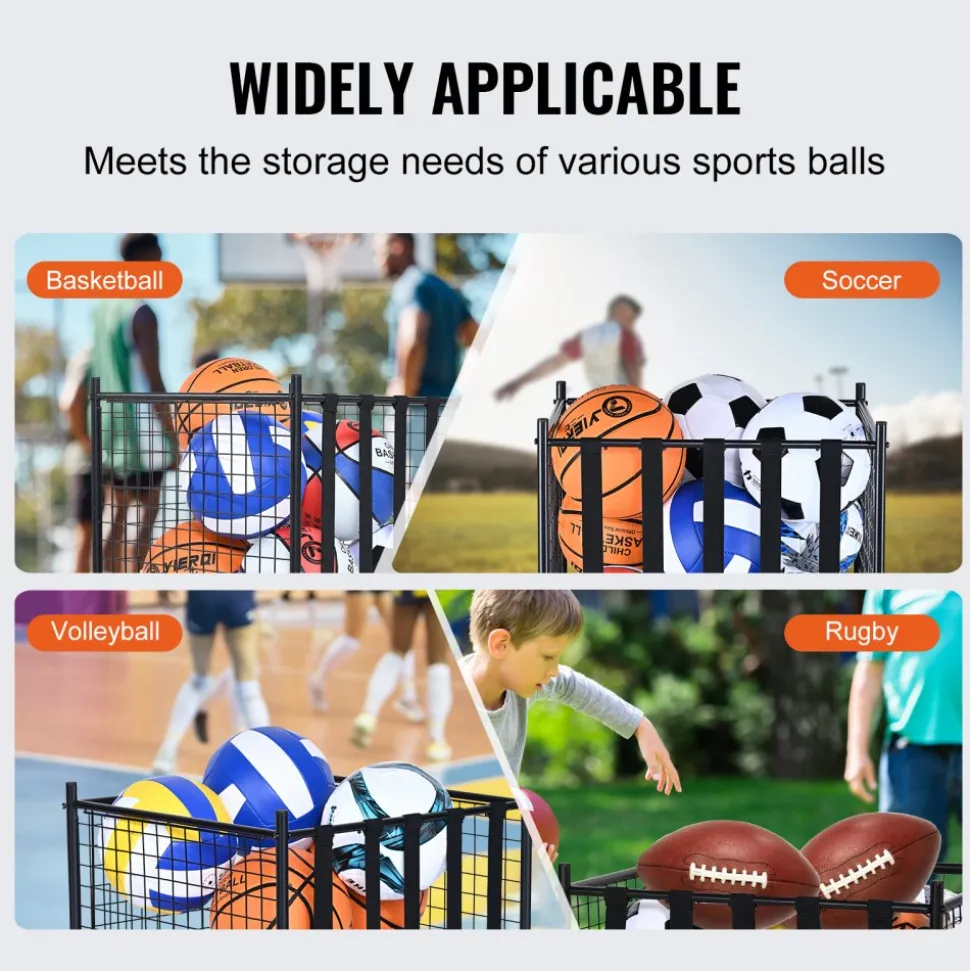 VEVOR Rolling Sports Ball Storage Cart, Lockable Basketball Cage with Elastic Straps, Sport Equipment Holder Organizer for Indoor Outdoor, Steel Storage Rack for Garages, Playgroup, Gym and Schools