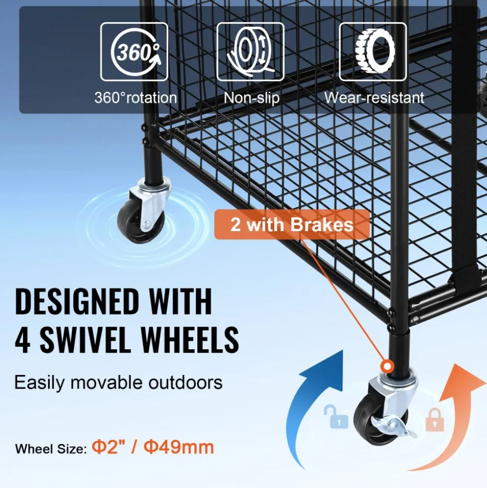 VEVOR Rolling Sports Ball Storage Cart, Lockable Basketball Cage with Elastic Straps, Sport Equipment Holder Organizer for Indoor Outdoor, Steel Storage Rack for Garages, Playgroup, Gym and Schools