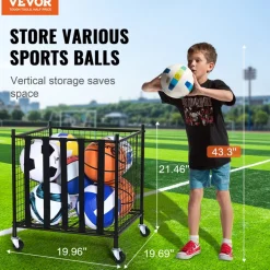 VEVOR Rolling Sports Ball Storage Cart, Lockable Basketball Cage with Elastic Straps, Sport Equipment Holder Organizer for Indoor Outdoor, Steel Storage Rack for Garages, Playgroup, Gym and Schools