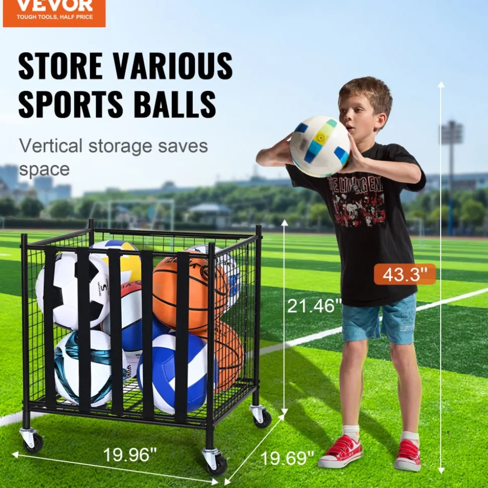 VEVOR Rolling Sports Ball Storage Cart, Lockable Basketball Cage with Elastic Straps, Sport Equipment Holder Organizer for Indoor Outdoor, Steel Storage Rack for Garages, Playgroup, Gym and Schools