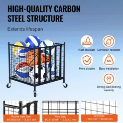 VEVOR Rolling Sports Ball Storage Cart, Lockable Basketball Cage with Elastic Straps, Sport Equipment Holder Organizer for Indoor Outdoor, Steel Storage Rack for Garages, Playgroup, Gym and Schools