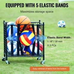VEVOR Rolling Sports Ball Storage Cart, Lockable Basketball Cage with Elastic Straps, Sport Equipment Holder Organizer for Indoor Outdoor, Steel Storage Rack for Garages, Playgroup, Gym and Schools