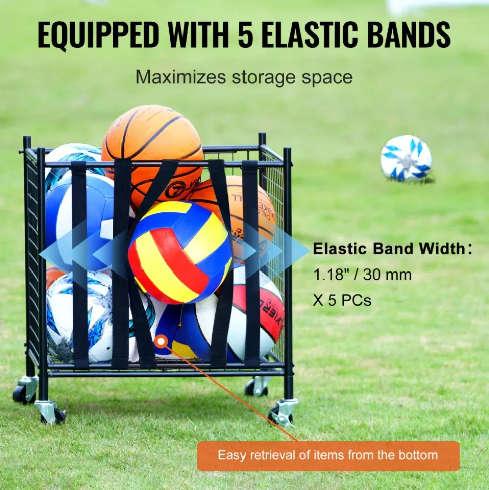 VEVOR Rolling Sports Ball Storage Cart, Lockable Basketball Cage with Elastic Straps, Sport Equipment Holder Organizer for Indoor Outdoor, Steel Storage Rack for Garages, Playgroup, Gym and Schools
