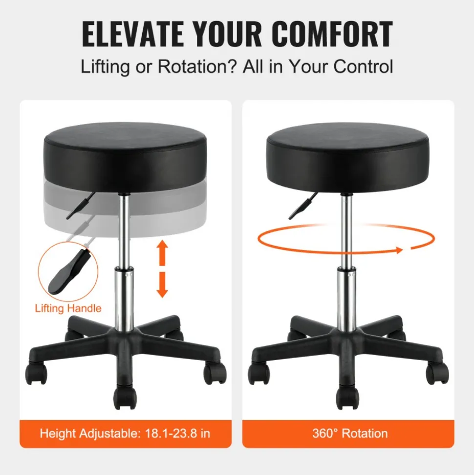 VEVOR Rolling Stools with Wheels, 400 LBS Weight Capacity Adjustable Height Stool with Ultra-Thick Seat Cushion, Swivel Stools Chair for Salon, Bar, Home, Office, Tatoo, Medical, Massage, Black
