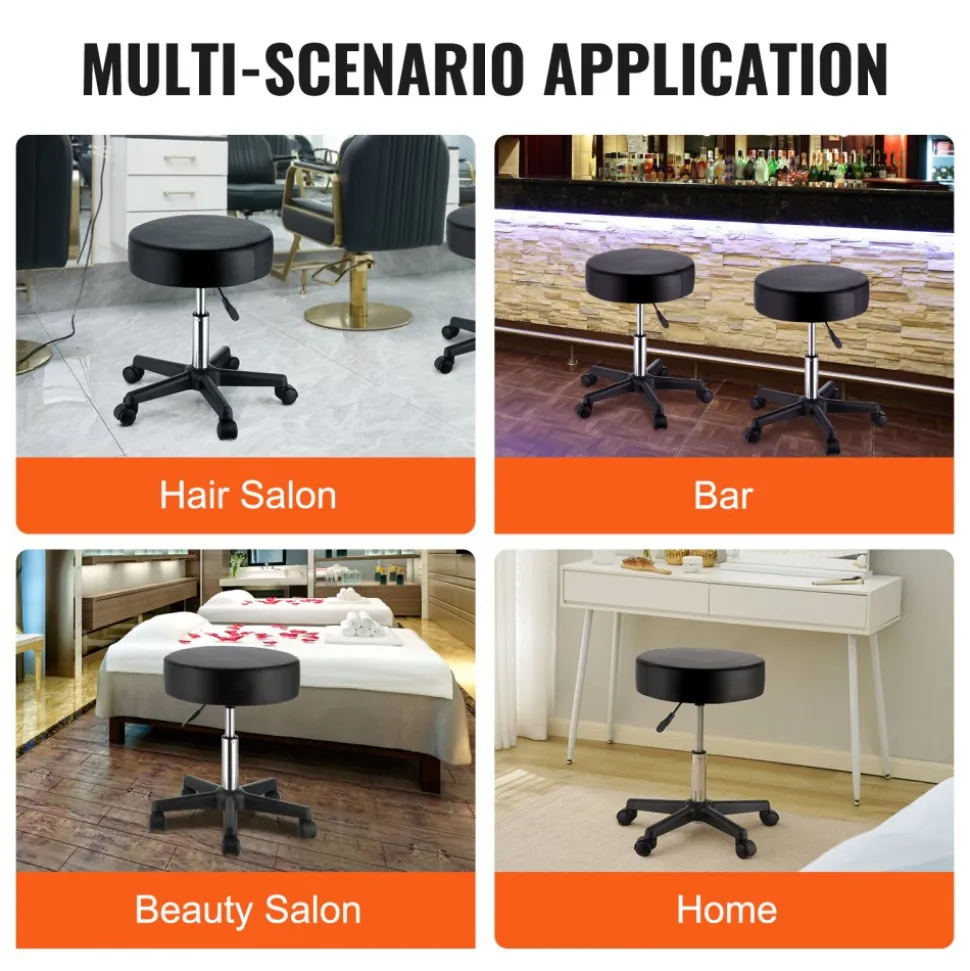 VEVOR Rolling Stools with Wheels, 400 LBS Weight Capacity Adjustable Height Stool with Ultra-Thick Seat Cushion, Swivel Stools Chair for Salon, Bar, Home, Office, Tatoo, Medical, Massage, Black