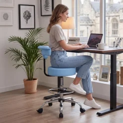 VEVOR Rolling Stool with Back Support, 500 lbs Weight Capacity, Height Adjustable, Thick Cushion Ergonomic PU Leather Seat, 360° Swivel Round Rolling Stool Chair for Dental, Salon, Clinic, Blue