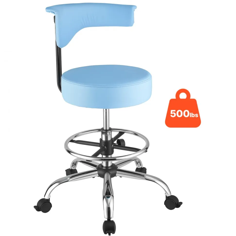 VEVOR Rolling Stool with Back Support, 500 lbs Weight Capacity, Height Adjustable, Thick Cushion Ergonomic PU Leather Seat, 360° Swivel Round Rolling Stool Chair for Dental, Salon, Clinic, Blue