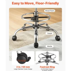 VEVOR Rolling Stool with Back Support, 500 lbs Weight Capacity, Height Adjustable, Thick Cushion Ergonomic PU Leather Seat, 360° Swivel Round Rolling Stool Chair for Dental, Salon, Clinic, Blue