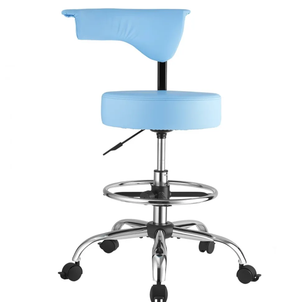 VEVOR Rolling Stool with Back Support, 500 lbs Weight Capacity, Height Adjustable, Thick Cushion Ergonomic PU Leather Seat, 360° Swivel Round Rolling Stool Chair for Dental, Salon, Clinic, Blue