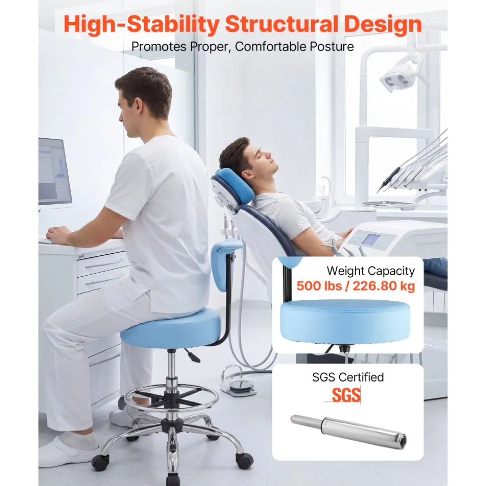 VEVOR Rolling Stool with Back Support, 500 lbs Weight Capacity, Height Adjustable, Thick Cushion Ergonomic PU Leather Seat, 360° Swivel Round Rolling Stool Chair for Dental, Salon, Clinic, Blue