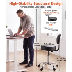 VEVOR Rolling Stool with Back Support, 500 lbs Weight Capacity, Height Adjustable, Thick Cushion Ergonomic PU Leather Seat, 360° Swivel Round Rolling Stool Chair for Salon, Clinic, Medical, Black