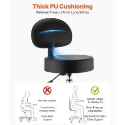 VEVOR Rolling Stool with Back Support, 500 lbs Weight Capacity, Height Adjustable, Thick Cushion Ergonomic PU Leather Seat, 360° Swivel Round Rolling Stool Chair for Salon, Clinic, Medical, Black
