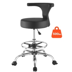 VEVOR Rolling Stool with Back Support, 500 lbs Weight Capacity, Height Adjustable, Thick Cushion Ergonomic PU Leather Seat, 360° Swivel Round Rolling Stool Chair for Dental, Salon, Clinic, Black