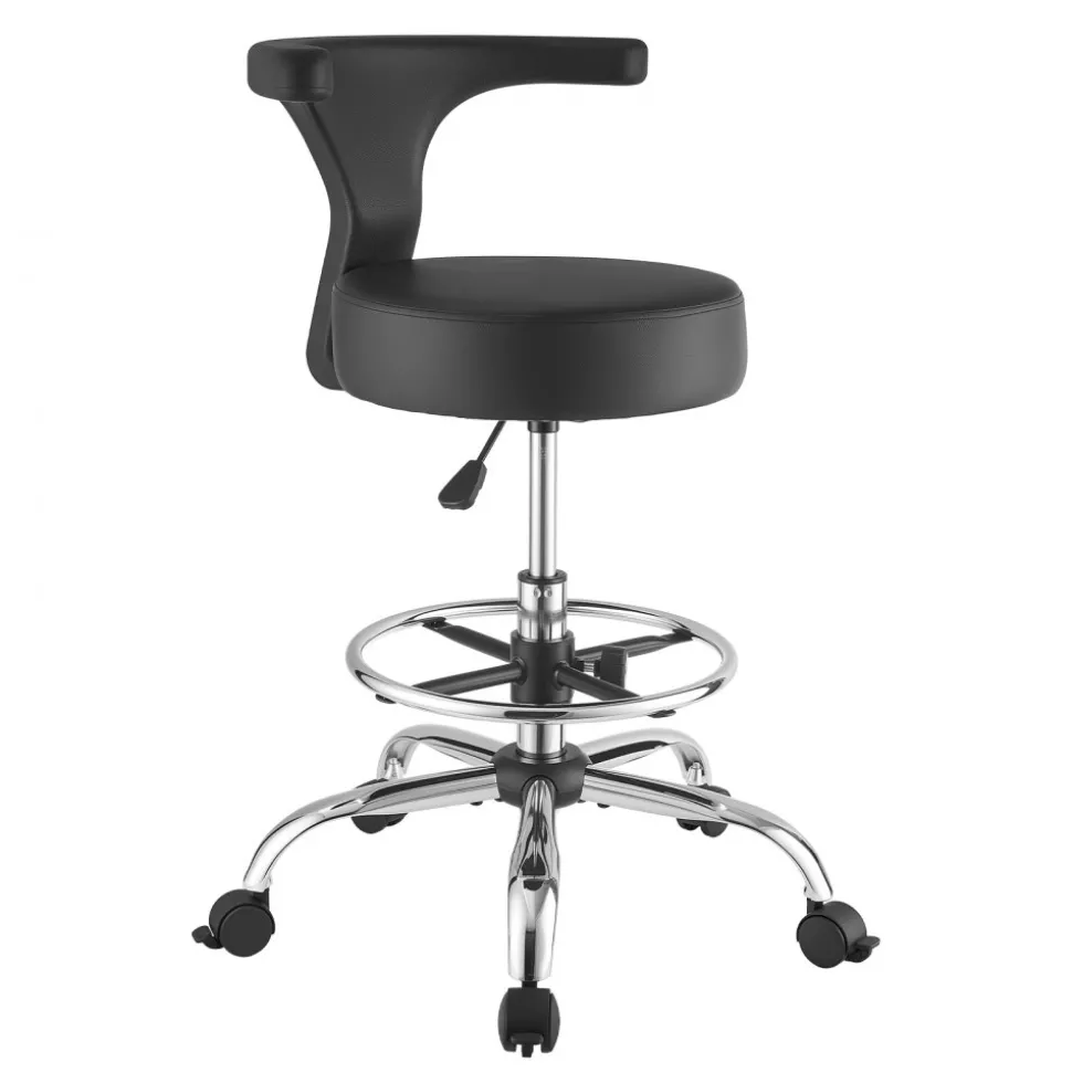 VEVOR Rolling Stool with Back Support, 500 lbs Weight Capacity, Height Adjustable, Thick Cushion Ergonomic PU Leather Seat, 360° Swivel Round Rolling Stool Chair for Dental, Salon, Clinic, Black