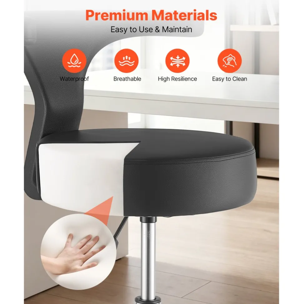 VEVOR Rolling Stool with Back Support, 500 lbs Weight Capacity, Height Adjustable, Thick Cushion Ergonomic PU Leather Seat, 360° Swivel Round Rolling Stool Chair for Dental, Salon, Clinic, Black