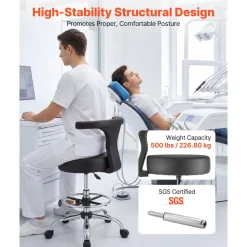 VEVOR Rolling Stool with Back Support, 500 lbs Weight Capacity, Height Adjustable, Thick Cushion Ergonomic PU Leather Seat, 360° Swivel Round Rolling Stool Chair for Dental, Salon, Clinic, Black