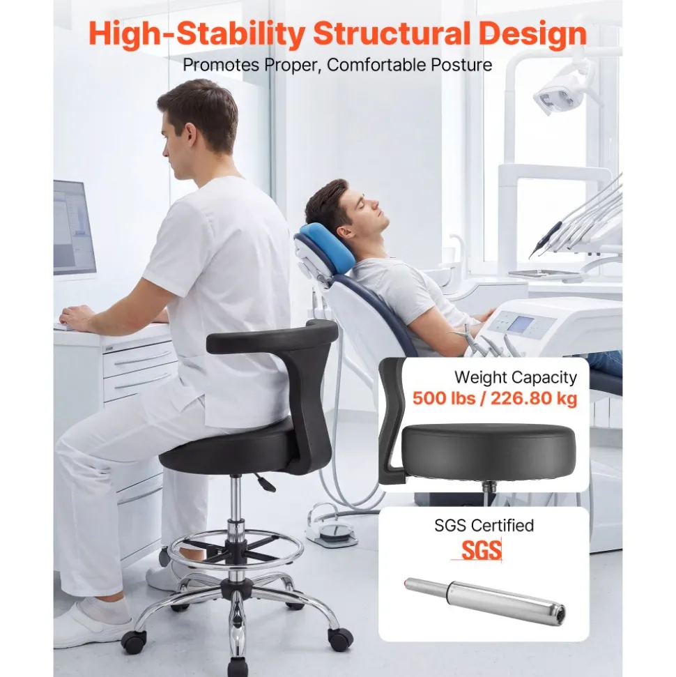 VEVOR Rolling Stool with Back Support, 500 lbs Weight Capacity, Height Adjustable, Thick Cushion Ergonomic PU Leather Seat, 360° Swivel Round Rolling Stool Chair for Dental, Salon, Clinic, Black