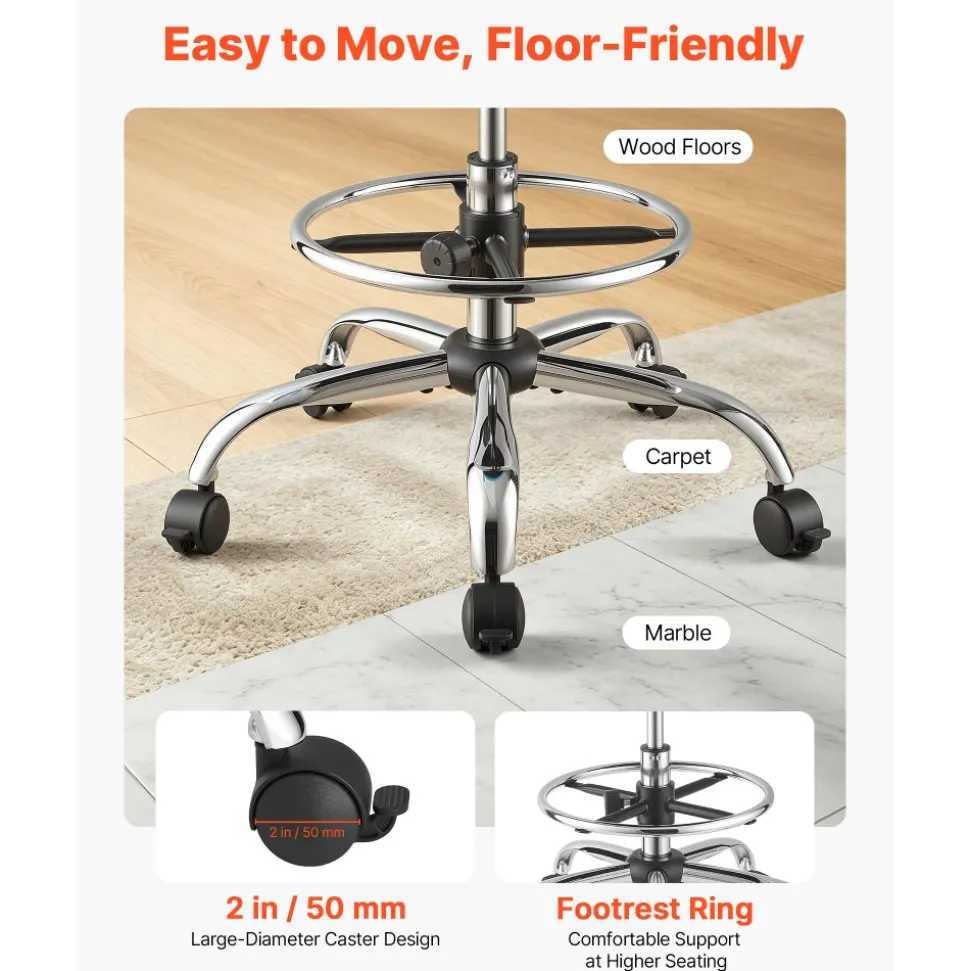 VEVOR Rolling Stool with Back Support, 500 lbs Weight Capacity, Height Adjustable, Thick Cushion Ergonomic PU Leather Seat, 360° Swivel Round Rolling Stool Chair for Dental, Salon, Clinic, Black