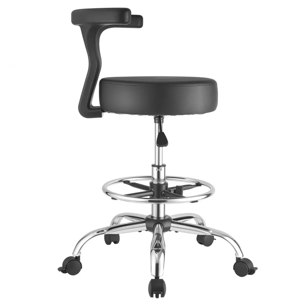 VEVOR Rolling Stool with Back Support, 500 lbs Weight Capacity, Height Adjustable, Thick Cushion Ergonomic PU Leather Seat, 360° Swivel Round Rolling Stool Chair for Dental, Salon, Clinic, Black