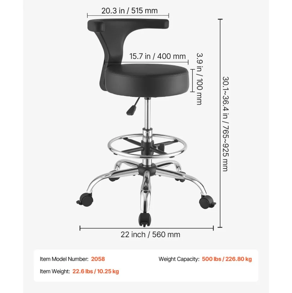 VEVOR Rolling Stool with Back Support, 500 lbs Weight Capacity, Height Adjustable, Thick Cushion Ergonomic PU Leather Seat, 360° Swivel Round Rolling Stool Chair for Dental, Salon, Clinic, Black