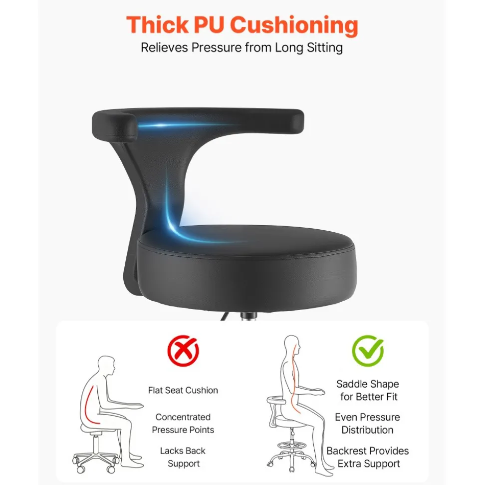 VEVOR Rolling Stool with Back Support, 500 lbs Weight Capacity, Height Adjustable, Thick Cushion Ergonomic PU Leather Seat, 360° Swivel Round Rolling Stool Chair for Dental, Salon, Clinic, Black