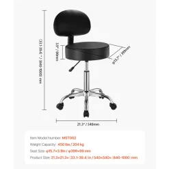 VEVOR Rolling Stool with Back Support and Wheels, 450 LBS Weight Capacity Round Rolling Stool Chair, Height Adjustable Thickened PU Leather Swivel Stool for Salon, Spa, Massage, Tattoo, Clinic, Black