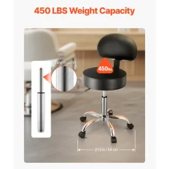 VEVOR Rolling Stool with Back Support and Wheels, 450 LBS Weight Capacity Round Rolling Stool Chair, Height Adjustable Thickened PU Leather Swivel Stool for Salon, Spa, Massage, Tattoo, Clinic, Black