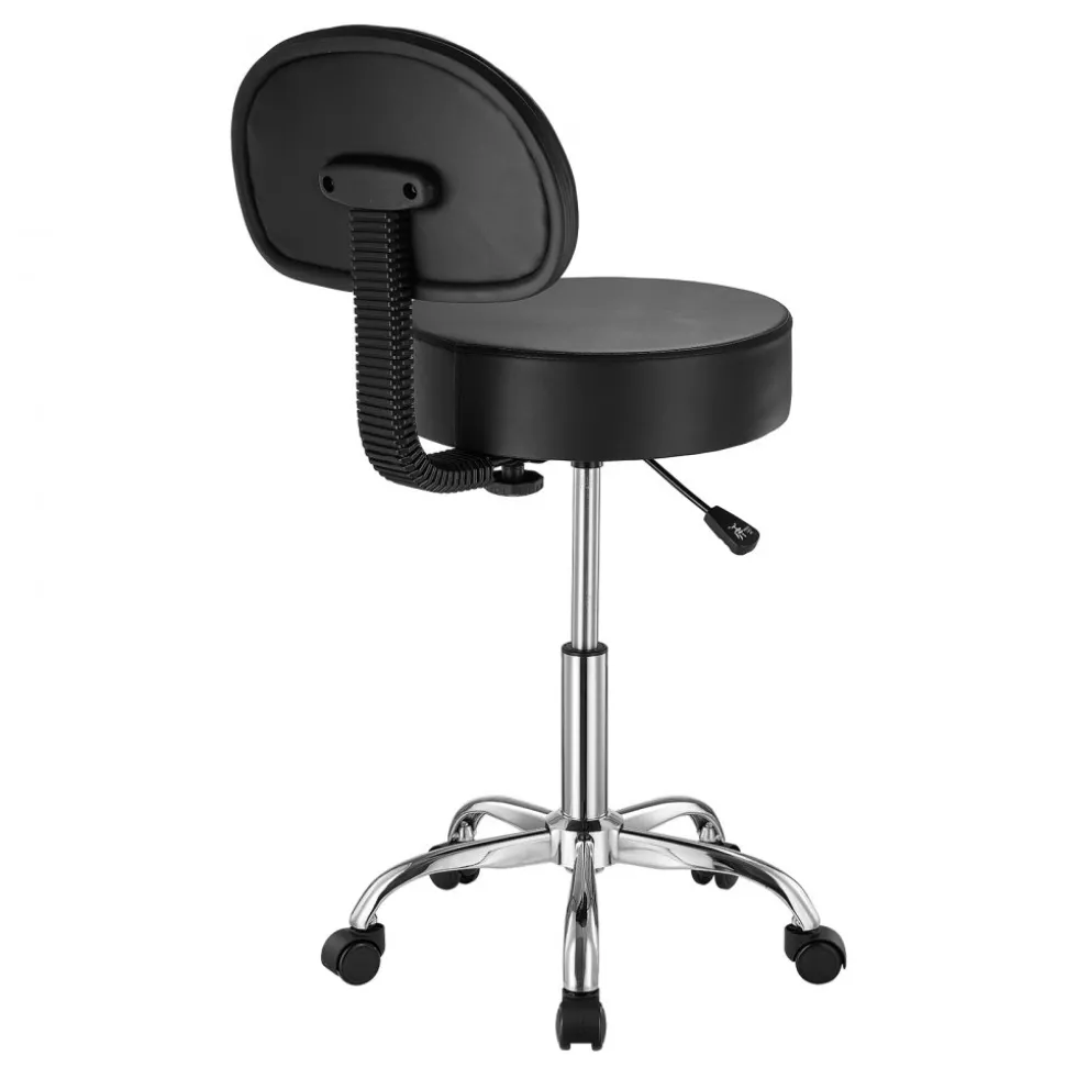 VEVOR Rolling Stool with Back Support and Wheels, 450 LBS Weight Capacity Round Rolling Stool Chair, Height Adjustable Thickened PU Leather Swivel Stool for Salon, Spa, Massage, Tattoo, Clinic, Black