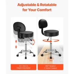VEVOR Rolling Stool with Back Support and Wheels, 450 LBS Weight Capacity Round Rolling Stool Chair, Height Adjustable Thickened PU Leather Swivel Stool for Salon, Spa, Massage, Tattoo, Clinic, Black
