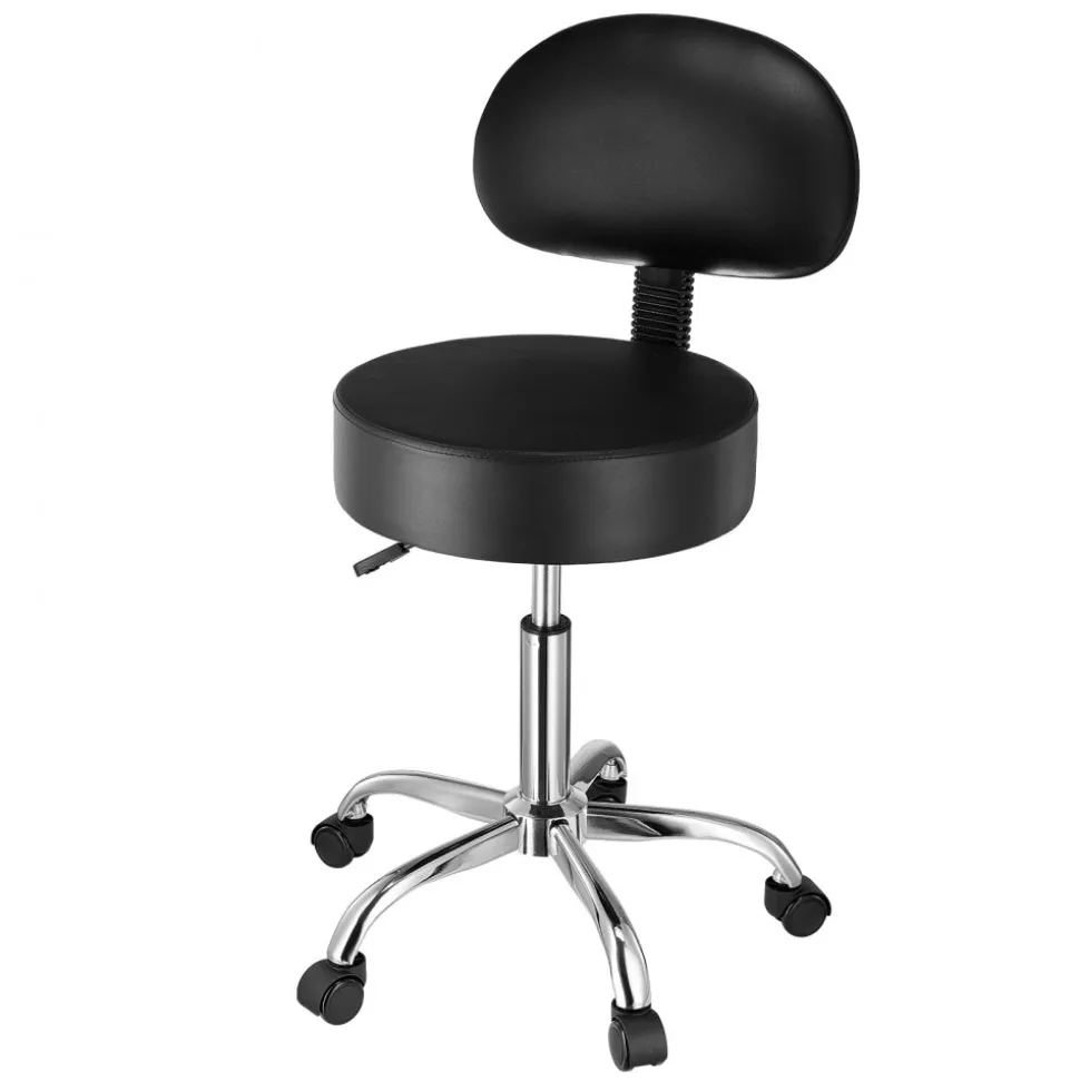 VEVOR Rolling Stool with Back Support and Wheels, 450 LBS Weight Capacity Round Rolling Stool Chair, Height Adjustable Thickened PU Leather Swivel Stool for Salon, Spa, Massage, Tattoo, Clinic, Black