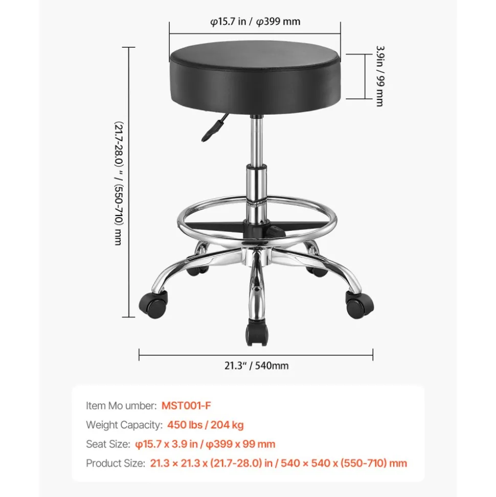 VEVOR Rolling Stool with Foot Rest and Wheels, 450 LBS Weight Capacity Round Rolling Stool Chair, Height Adjustable Thickened PU Leather Swivel Stool for Salon, Spa, Massage, Tattoo, Clinic, Black